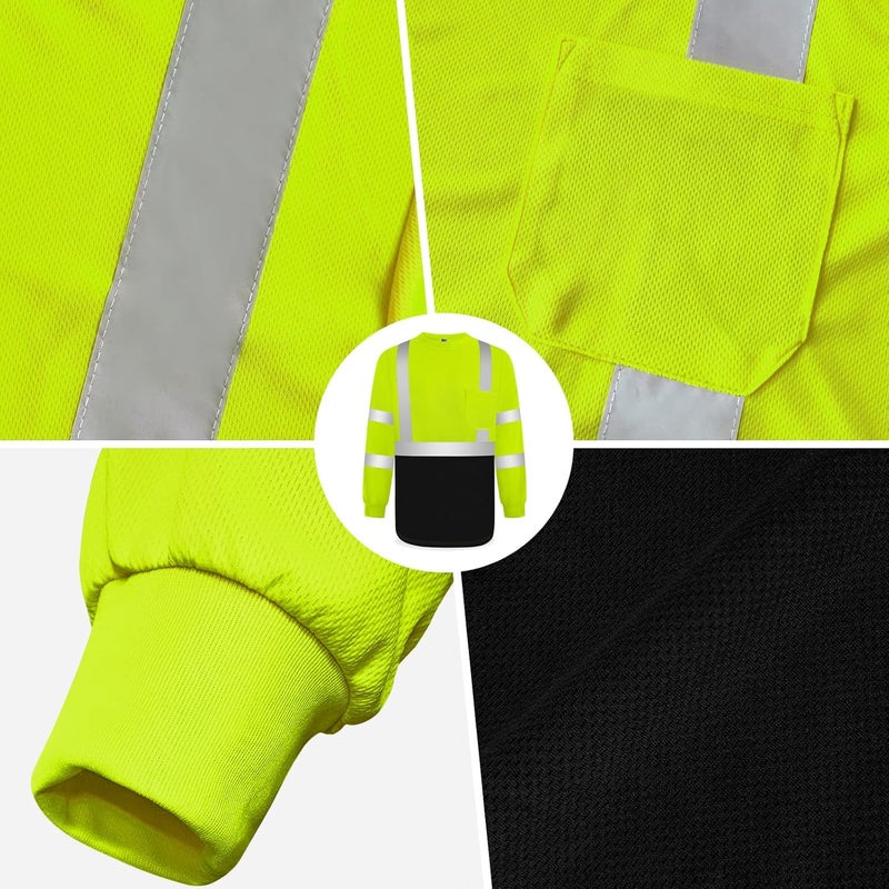 TCCFCCT High Vis Shirts for Men Women Class 3 Hi Vis Long Sleeve Shirts, High Visibility Reflective Safety Work Shirts for Construction, Surveyors, Dirt- Resistant with Black Bottom, Yellow M - Image 5